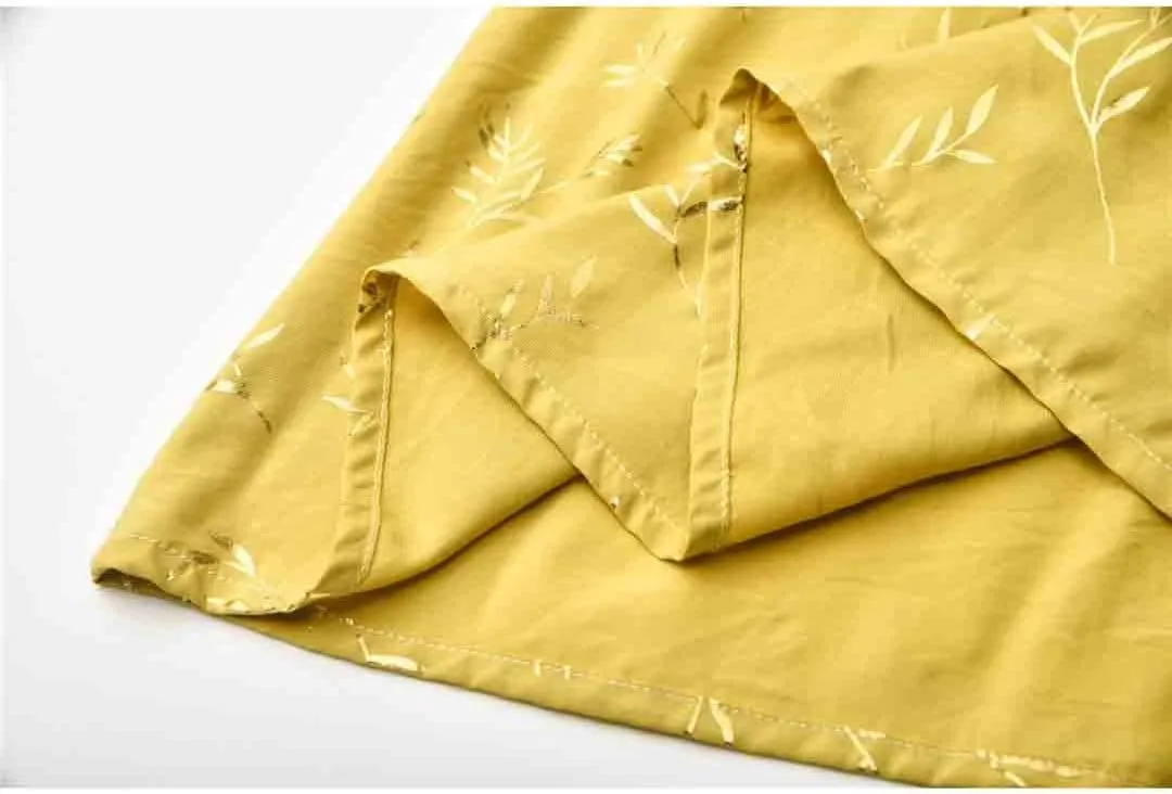 Woman Yellow Leaf Floral Pleated Midi Skirt Women's Elastic High Waist Side Pocket Skirts