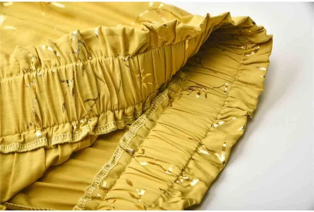 Woman Yellow Leaf Floral Pleated Midi Skirt Women's Elastic High Waist Side Pocket Skirts