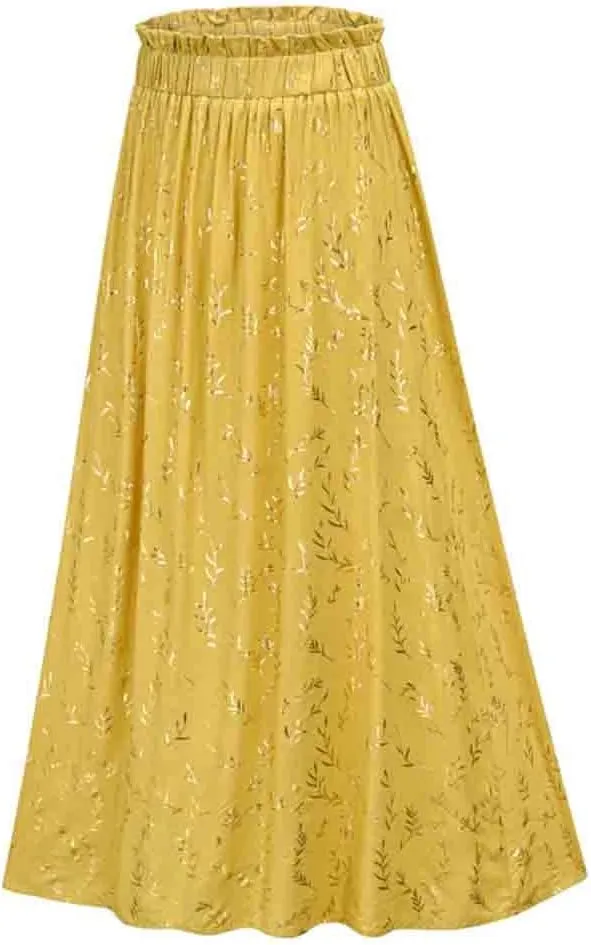 Woman Yellow Leaf Floral Pleated Midi Skirt Women's Elastic High Waist Side Pocket Skirts