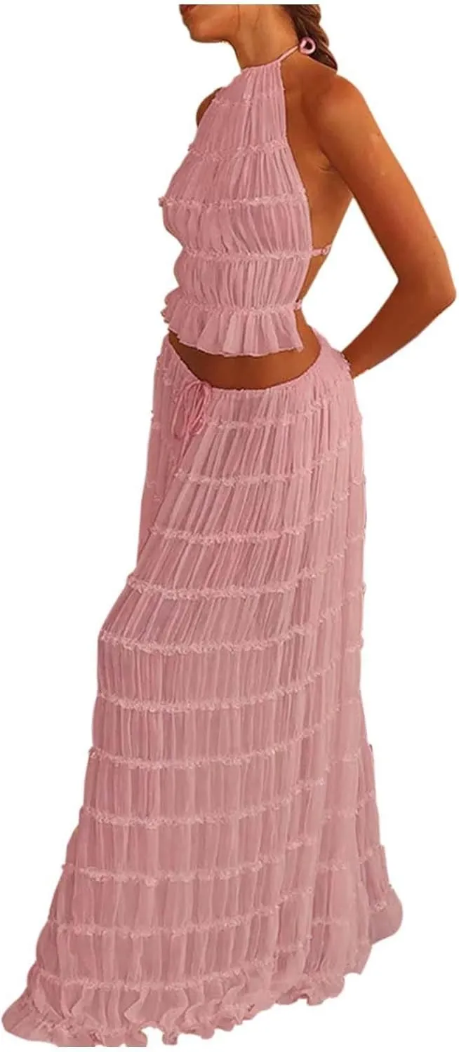 Women 2 Piece Outfits Sets Chiffon Pleated Maxi Skirt Set with Neck Crop Top Plus Size Dresses for Women Party (Pink, L)