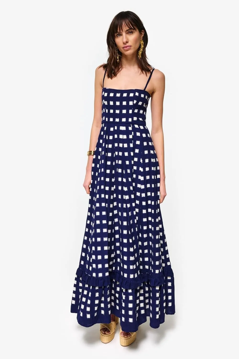 Women 2024 Bohemian Summer Maxi Dresses Checkerboard Spaghetti Strap Boho Flowy Long Sundress Beach Dress