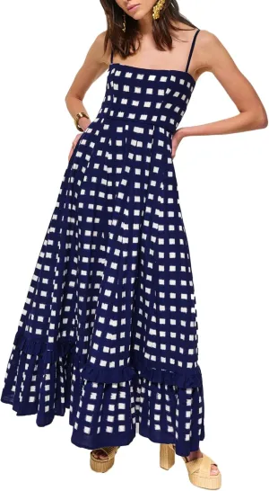 Women 2024 Bohemian Summer Maxi Dresses Checkerboard Spaghetti Strap Boho Flowy Long Sundress Beach Dress