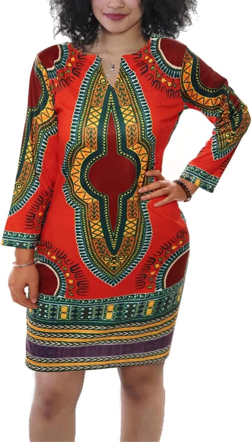 Women Bohemian V Neck African Printed Ethnic Style Summer Bodycon Shift Dress