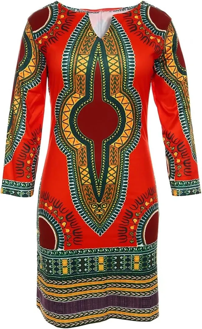 Women Bohemian V Neck African Printed Ethnic Style Summer Bodycon Shift Dress