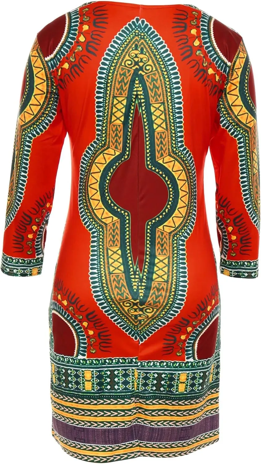Women Bohemian V Neck African Printed Ethnic Style Summer Bodycon Shift Dress