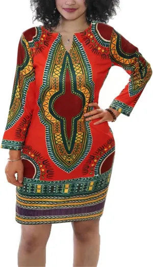 Women Bohemian V Neck African Printed Ethnic Style Summer Bodycon Shift Dress
