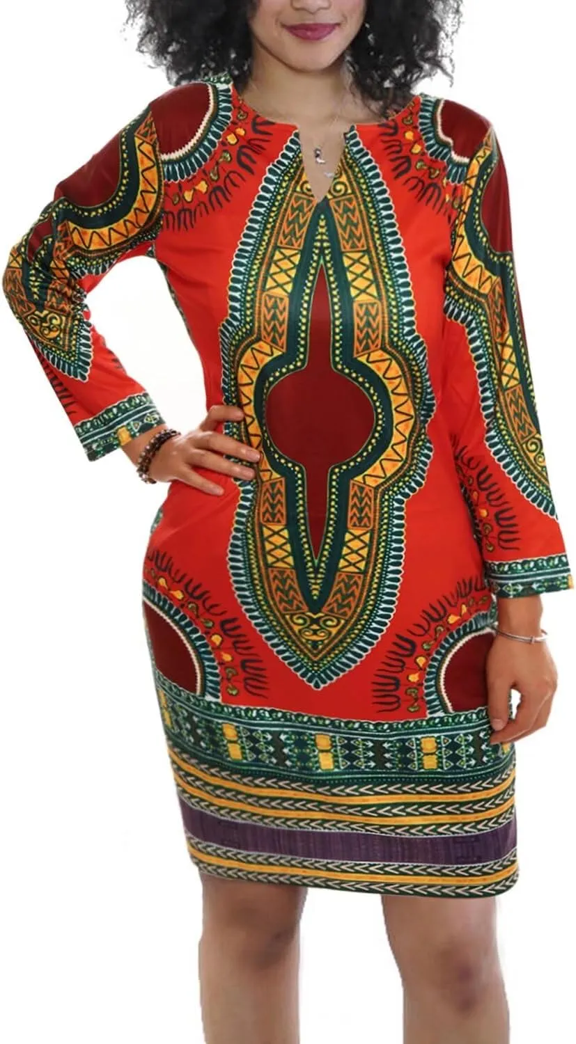 Women Bohemian V Neck African Printed Ethnic Style Summer Bodycon Shift Dress