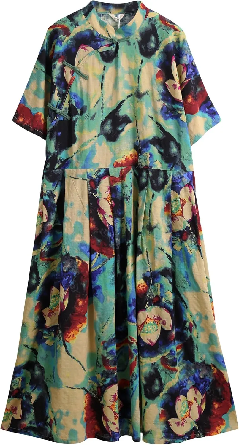 Women Boho Floral Print Cotton Long Maxi Skirt with Pockets and Adjustable Waistband Beach Casual Summer Dress