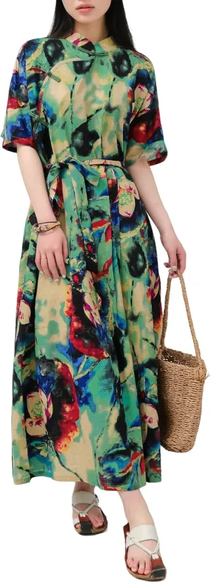 Women Boho Floral Print Cotton Long Maxi Skirt with Pockets and Adjustable Waistband Beach Casual Summer Dress