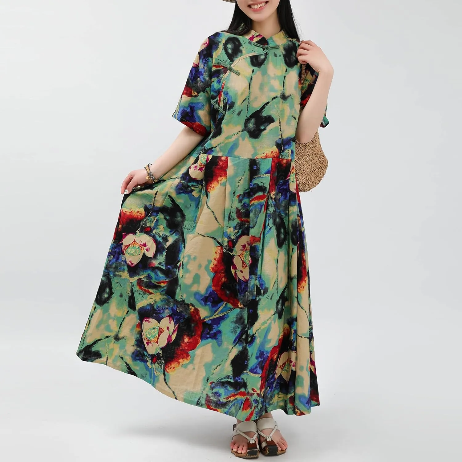Women Boho Floral Print Cotton Long Maxi Skirt with Pockets and Adjustable Waistband Beach Casual Summer Dress
