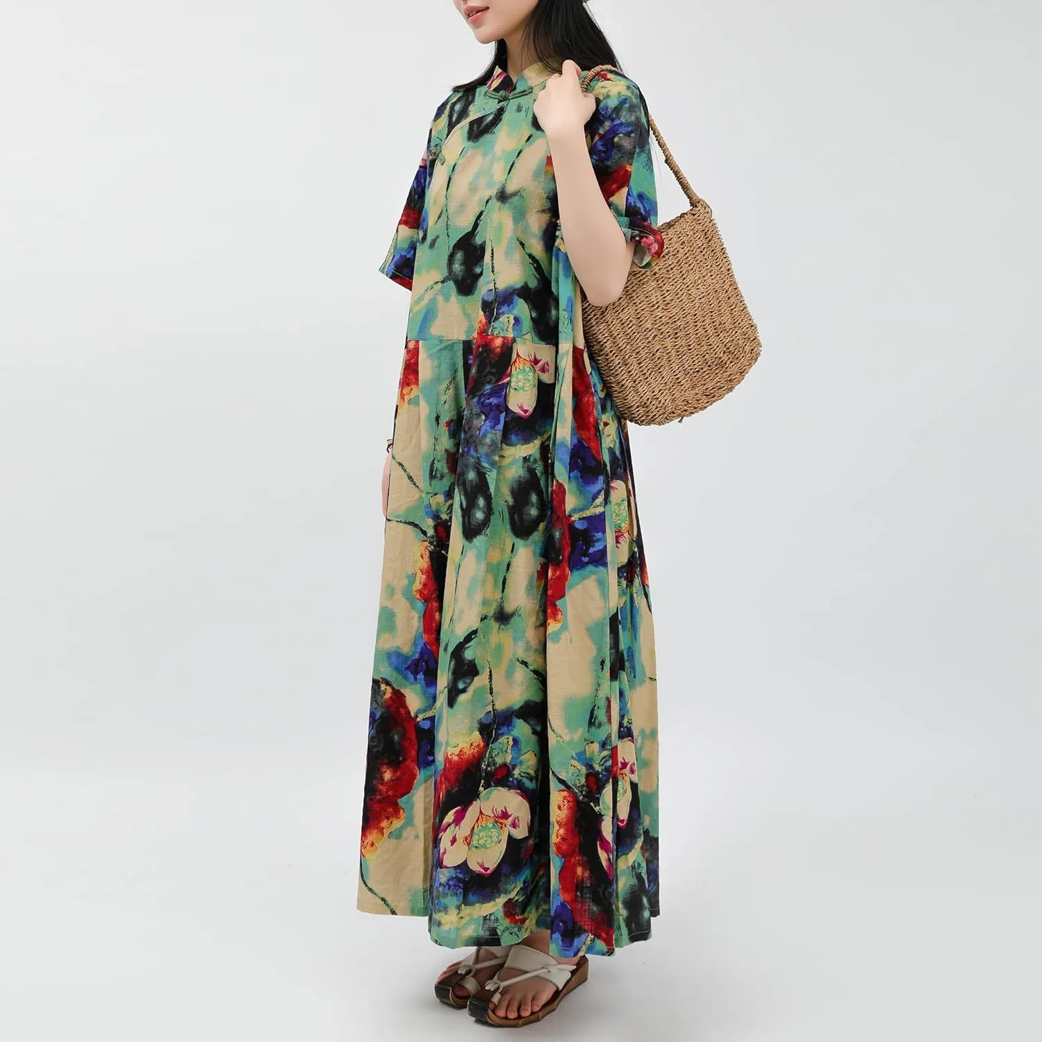 Women Boho Floral Print Cotton Long Maxi Skirt with Pockets and Adjustable Waistband Beach Casual Summer Dress