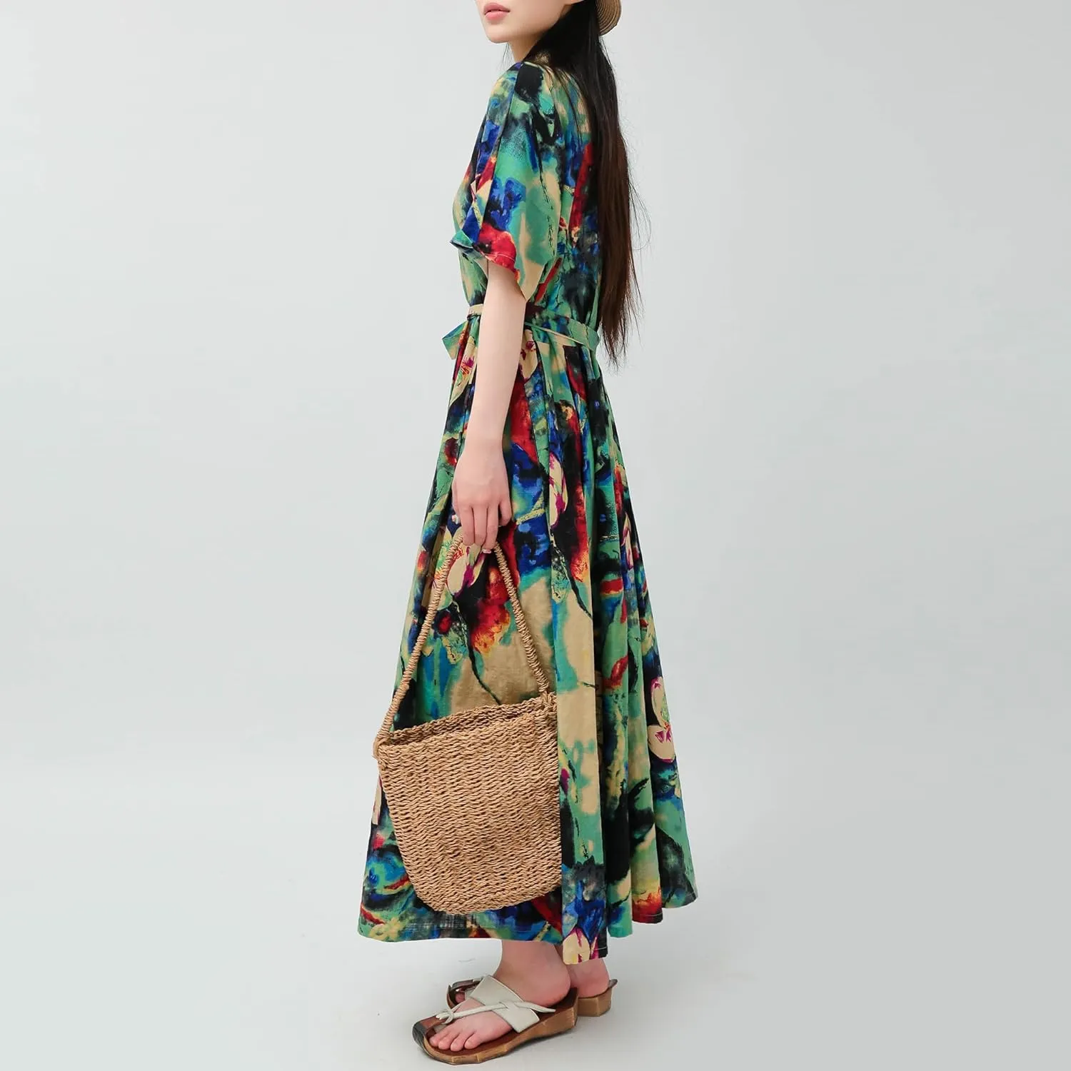 Women Boho Floral Print Cotton Long Maxi Skirt with Pockets and Adjustable Waistband Beach Casual Summer Dress