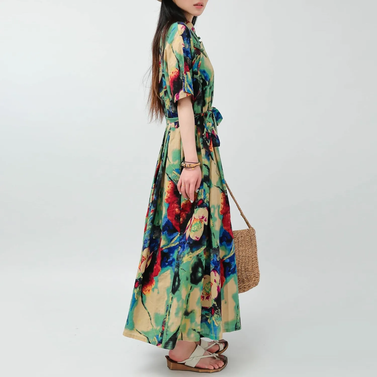 Women Boho Floral Print Cotton Long Maxi Skirt with Pockets and Adjustable Waistband Beach Casual Summer Dress