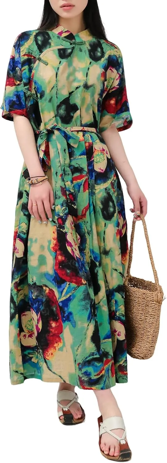 Women Boho Floral Print Cotton Long Maxi Skirt with Pockets and Adjustable Waistband Beach Casual Summer Dress