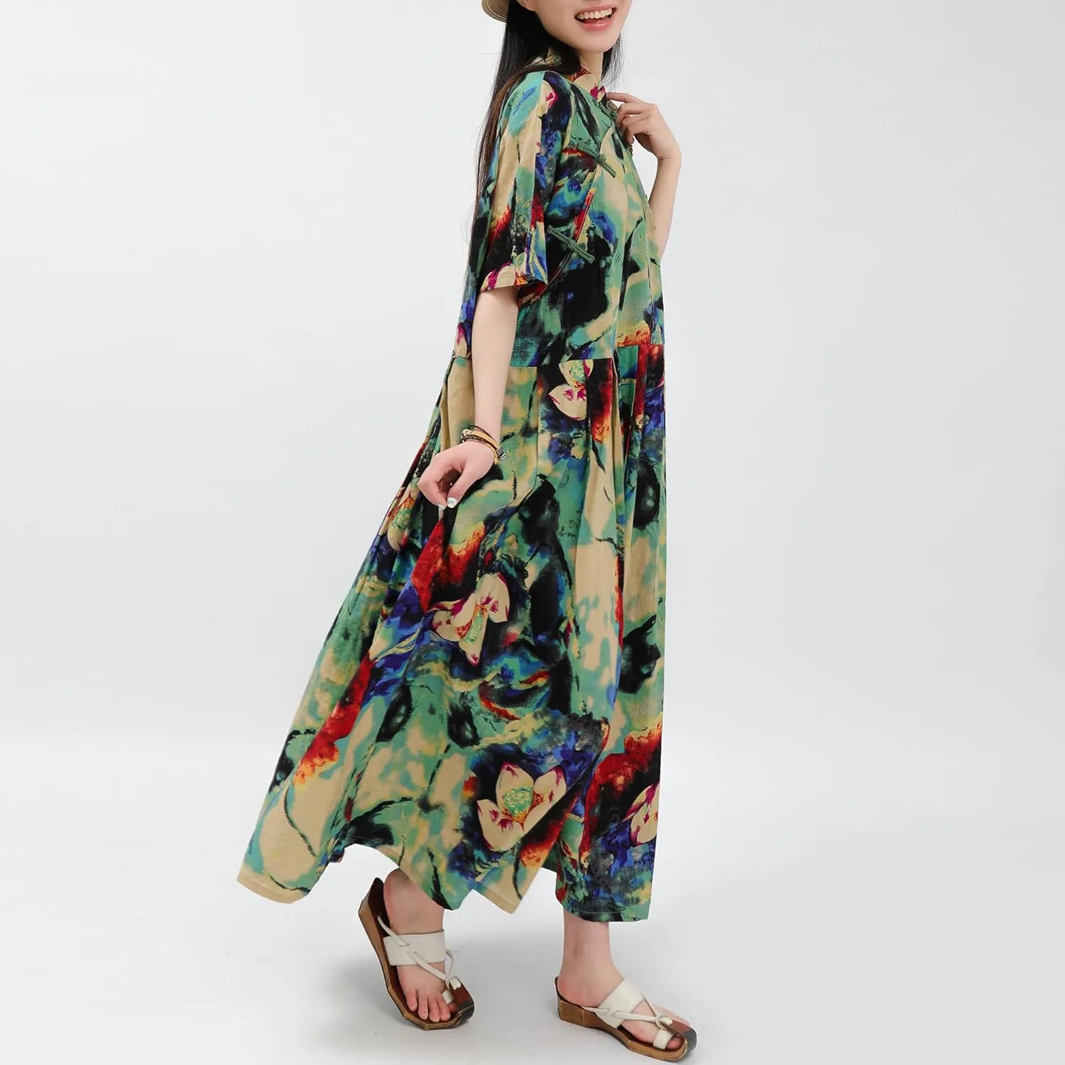 Women Boho Floral Print Cotton Long Maxi Skirt with Pockets and Adjustable Waistband Beach Casual Summer Dress