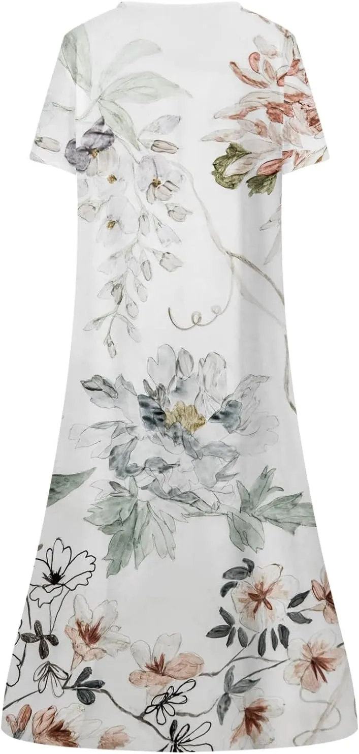 Women Boho Summer Dress 2024 Casual Short Sleeve Button V Neck Baggy Flowy A-Line Maxi Dresses