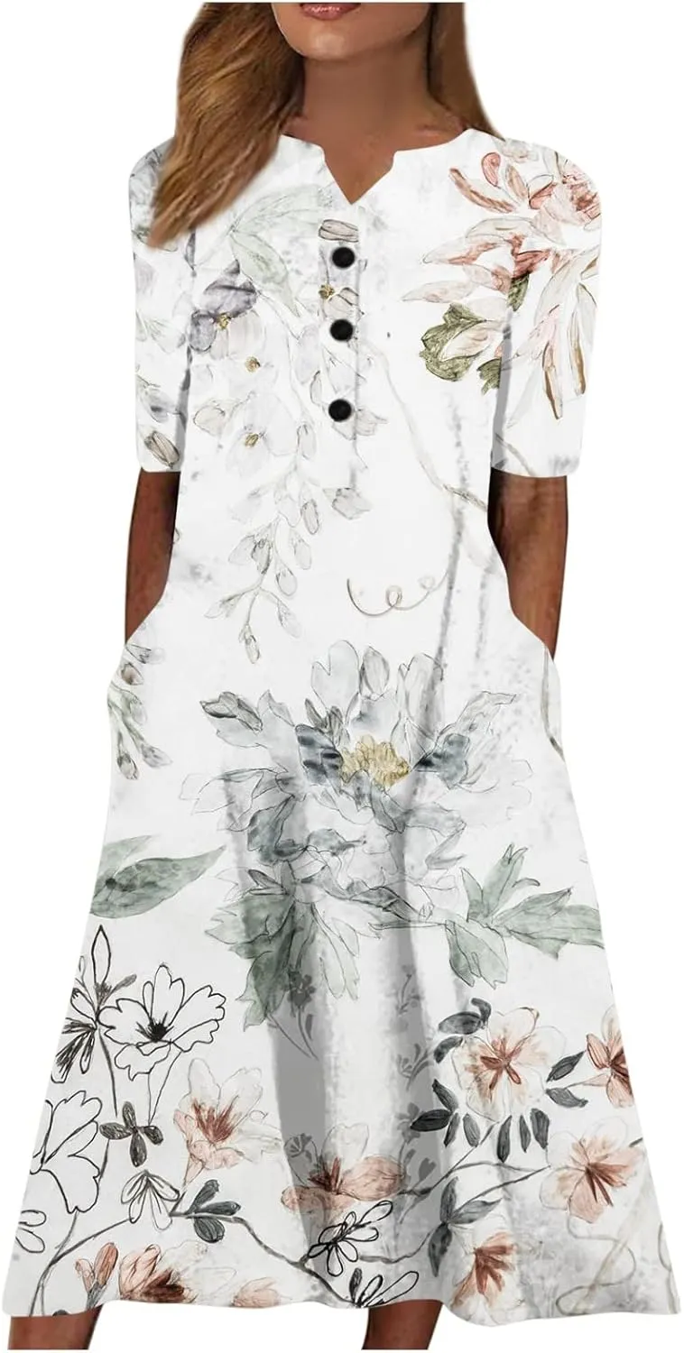 Women Boho Summer Dress 2024 Casual Short Sleeve Button V Neck Baggy Flowy A-Line Maxi Dresses