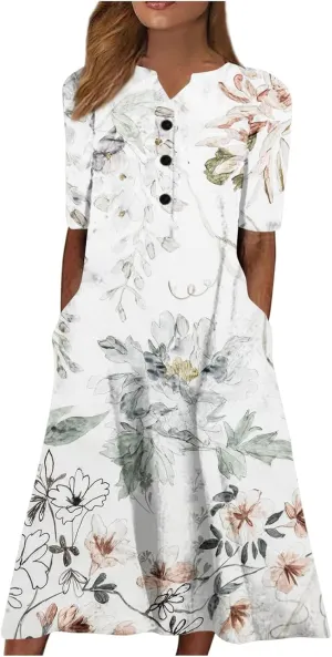 Women Boho Summer Dress 2024 Casual Short Sleeve Button V Neck Baggy Flowy A-Line Maxi Dresses