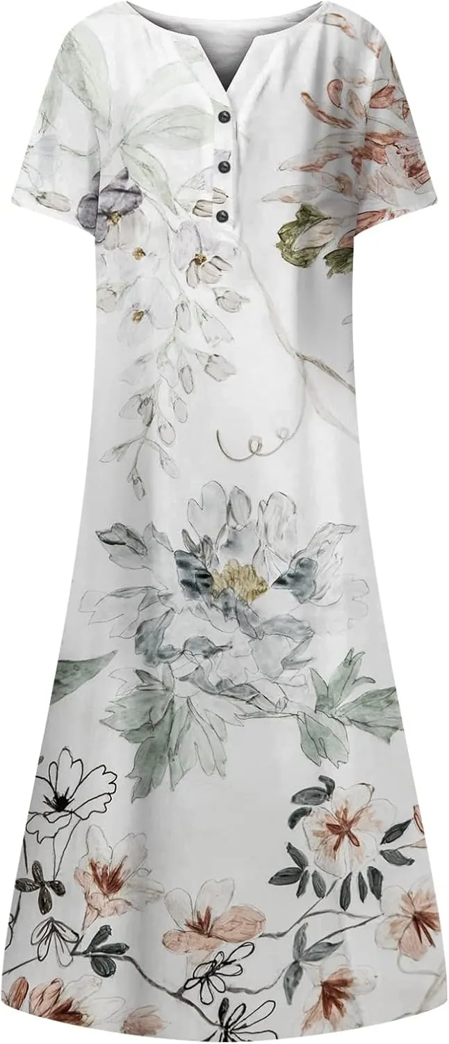 Women Boho Summer Dress 2024 Casual Short Sleeve Button V Neck Baggy Flowy A-Line Maxi Dresses