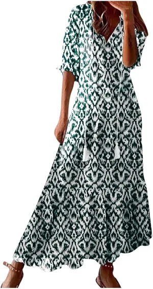 Women Boho Summer Dresses Floral Print Retro V Neck Tassel Bohemian Maxi Dress 3/4 Sleeve Ruffle Flowy A-Line Dress