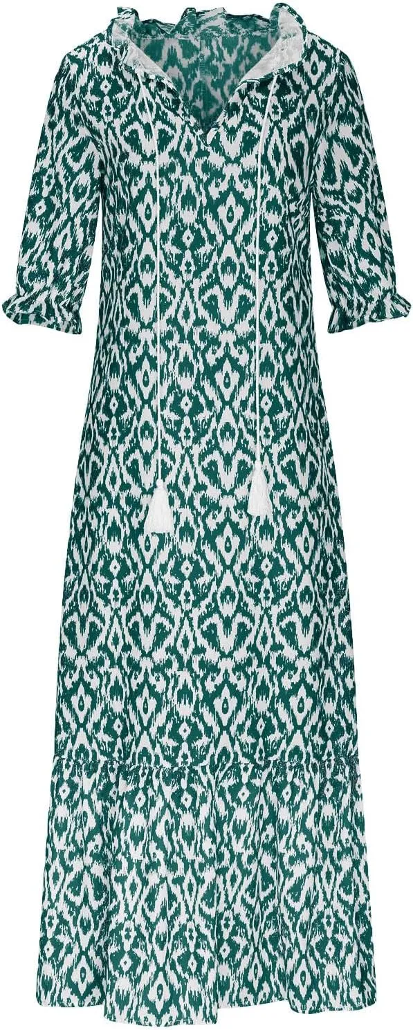 Women Boho Summer Dresses Floral Print Retro V Neck Tassel Bohemian Maxi Dress 3/4 Sleeve Ruffle Flowy A-Line Dress
