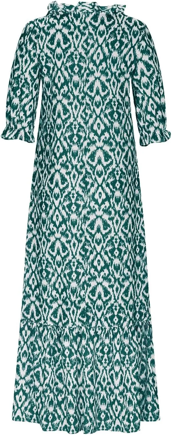 Women Boho Summer Dresses Floral Print Retro V Neck Tassel Bohemian Maxi Dress 3/4 Sleeve Ruffle Flowy A-Line Dress