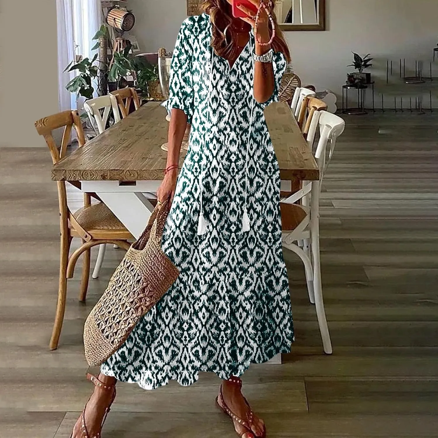 Women Boho Summer Dresses Floral Print Retro V Neck Tassel Bohemian Maxi Dress 3/4 Sleeve Ruffle Flowy A-Line Dress