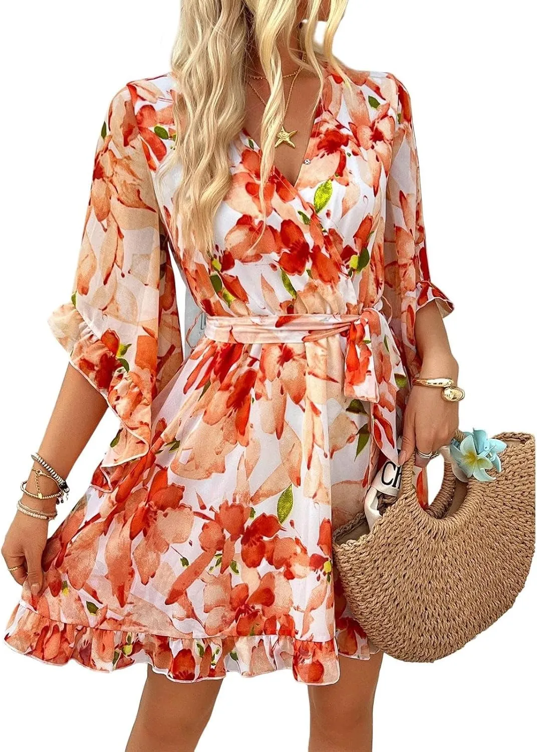 Women Casual Loose Vintage Bohemian Floral V-Neck Half Sleeve Summer Beach Swing Dress