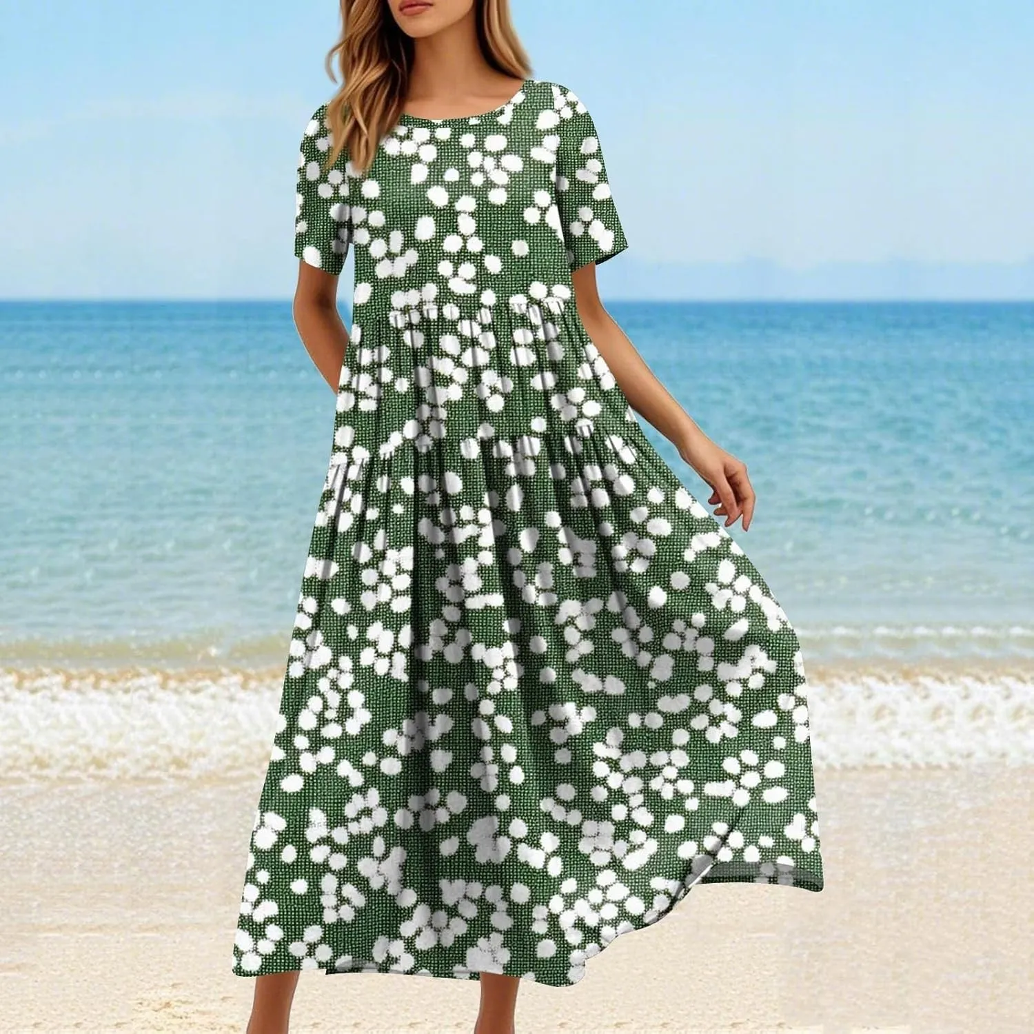 Women Casual Plus Size Loose Bohemian Flower Maternity Dress Short Sleeve Long Boho Maxi Spring Dress