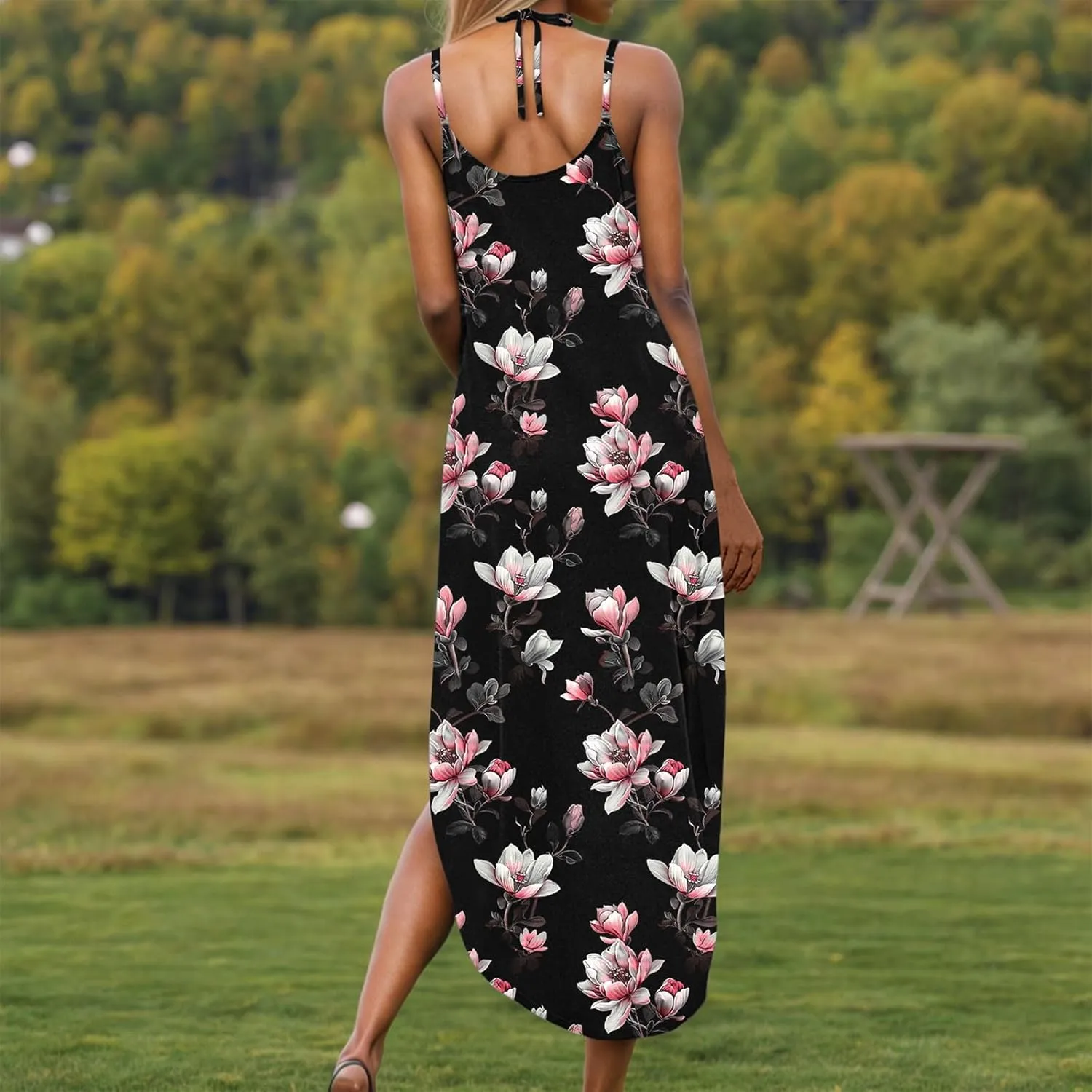 Women Casual Spaghetti Strap Sundress Floral Graphic Print Vacation Summer Maxi Dresses Loose Casual Outfit