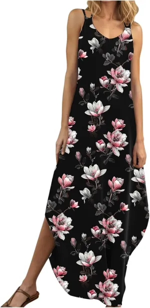 Women Casual Spaghetti Strap Sundress Floral Graphic Print Vacation Summer Maxi Dresses Loose Casual Outfit