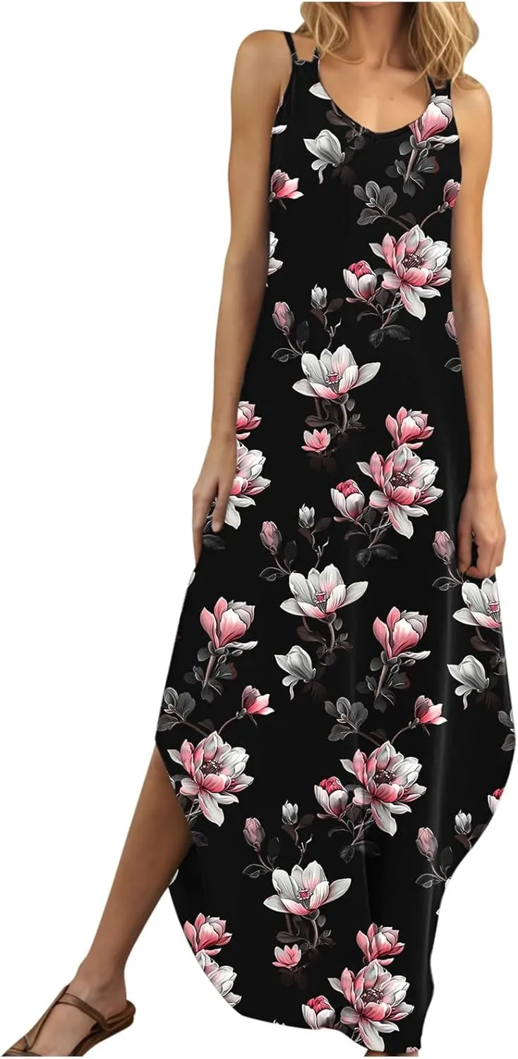 Women Casual Spaghetti Strap Sundress Floral Graphic Print Vacation Summer Maxi Dresses Loose Casual Outfit