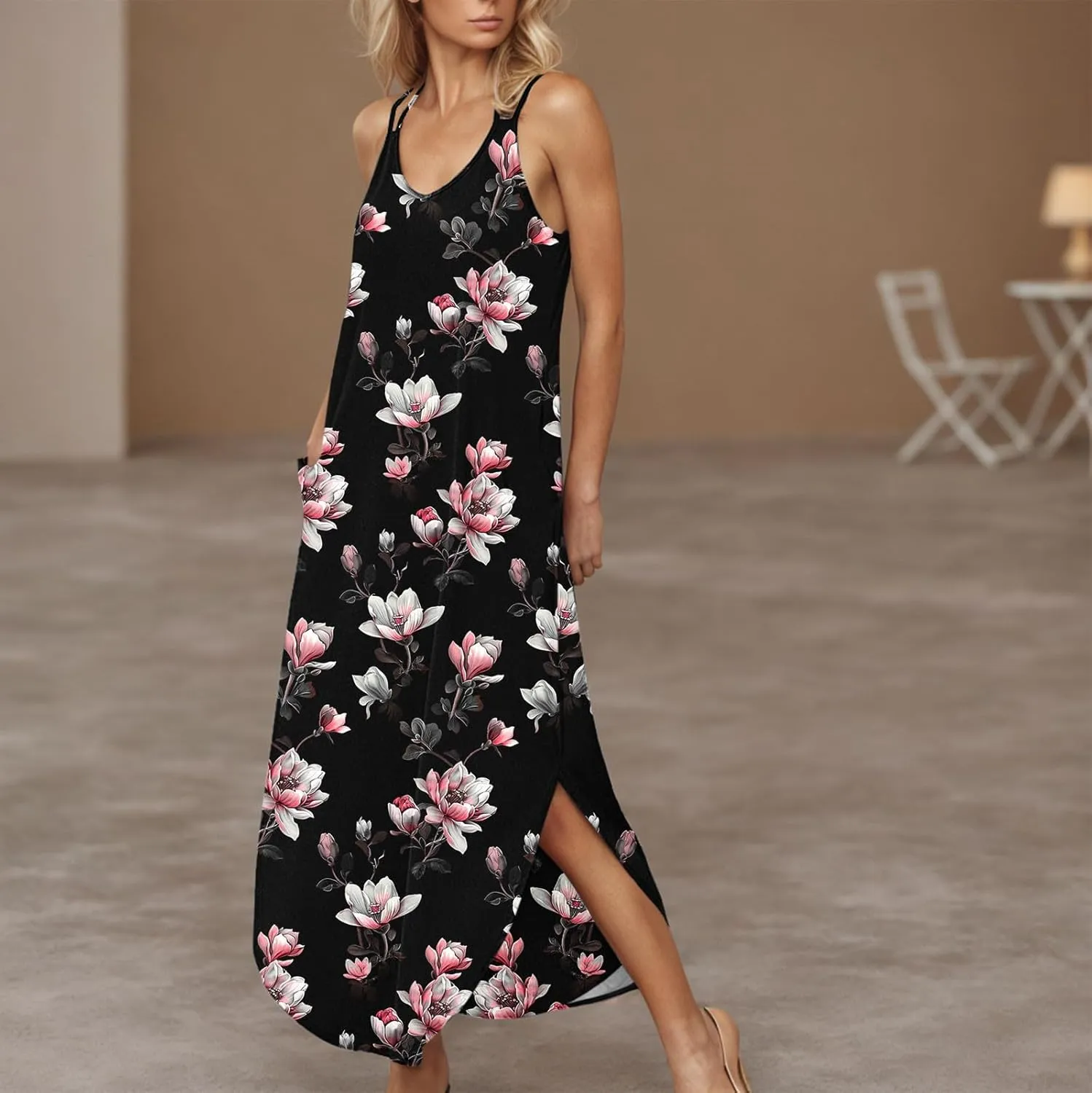 Women Casual Spaghetti Strap Sundress Floral Graphic Print Vacation Summer Maxi Dresses Loose Casual Outfit