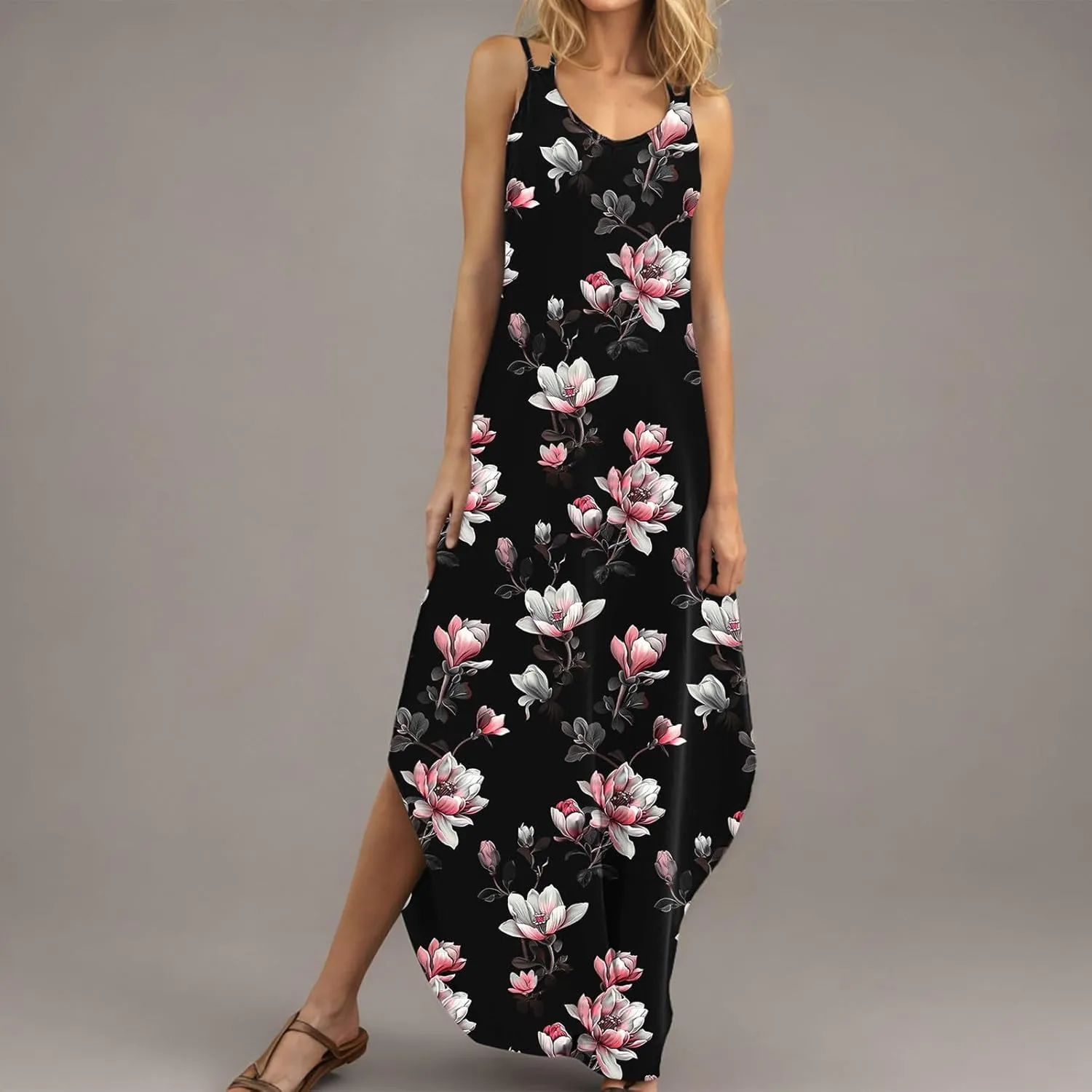 Women Casual Spaghetti Strap Sundress Floral Graphic Print Vacation Summer Maxi Dresses Loose Casual Outfit