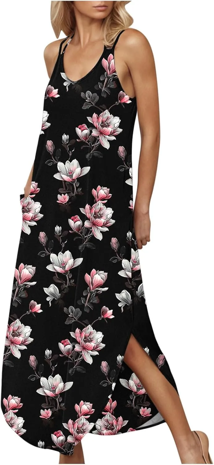Women Casual Spaghetti Strap Sundress Floral Graphic Print Vacation Summer Maxi Dresses Loose Casual Outfit