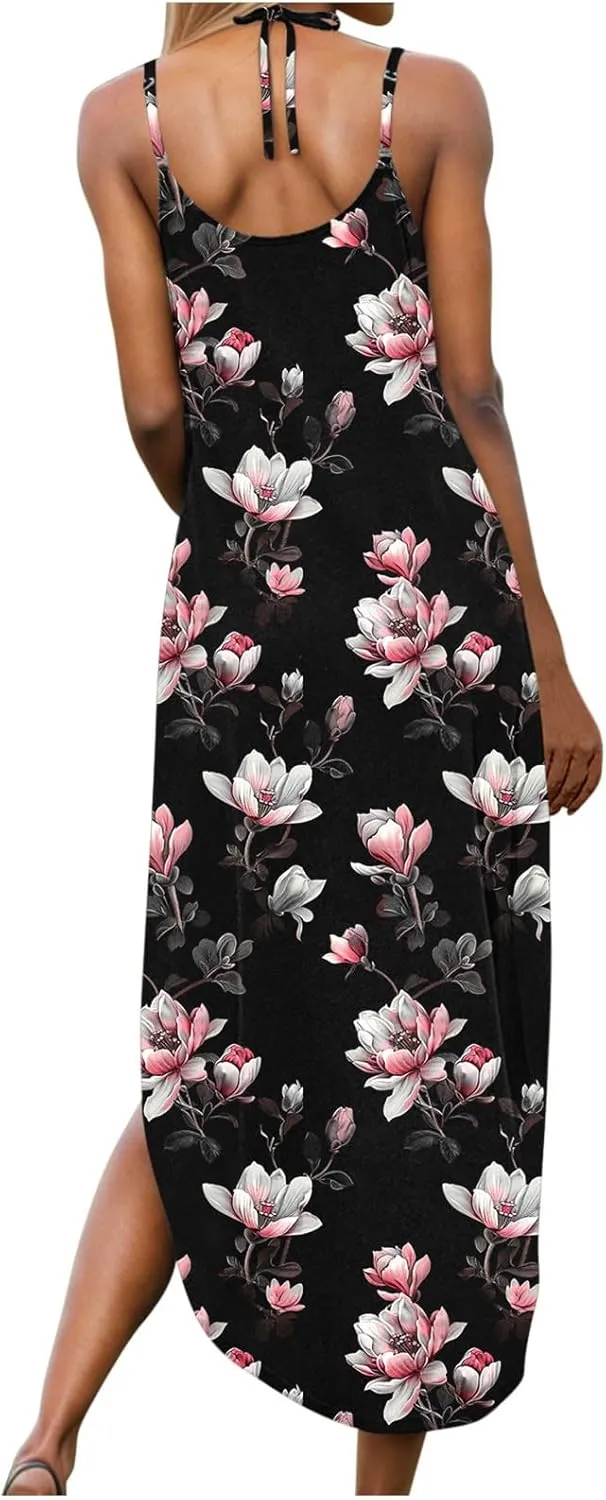 Women Casual Spaghetti Strap Sundress Floral Graphic Print Vacation Summer Maxi Dresses Loose Casual Outfit