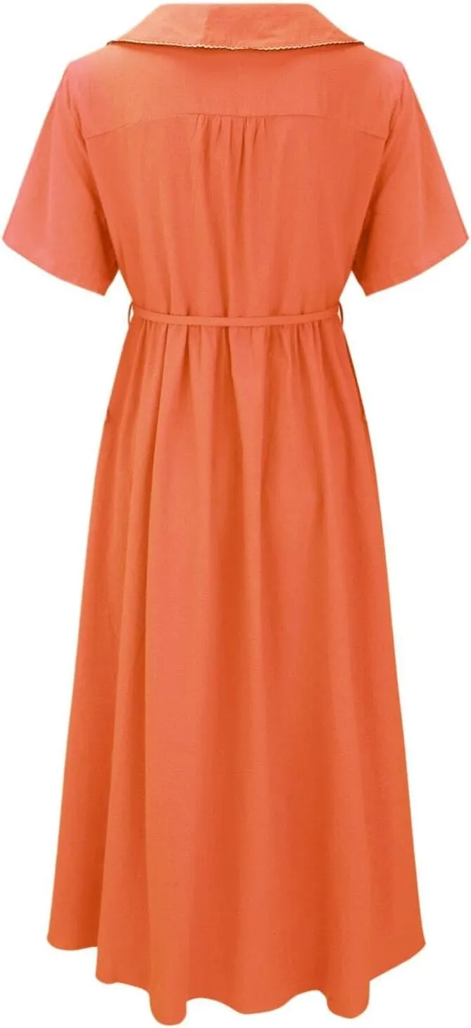 Women Cotton Linen Dresses 3/4 Sleeve Floral Print 2025 Maxi Button Down Casual Boho Plus Size A Line Summer Dress