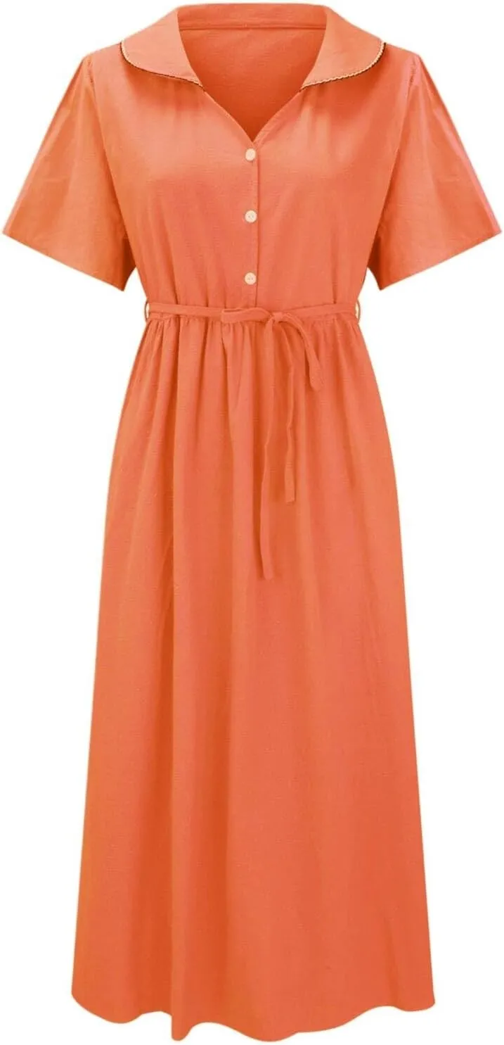 Women Cotton Linen Dresses 3/4 Sleeve Floral Print 2025 Maxi Button Down Casual Boho Plus Size A Line Summer Dress