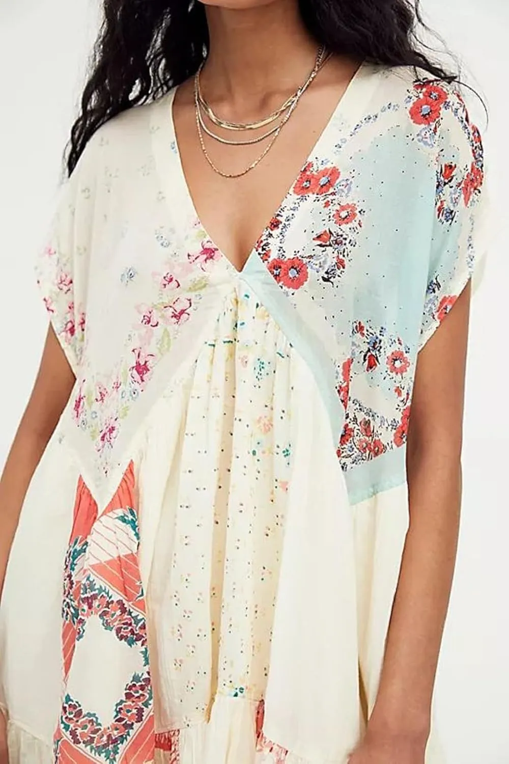 Women Floral Mini Dress Y2k Deep V Neck Puff Sleeve Flowy Short Dress 2025 Summer Boho Beach Vacation Sundress