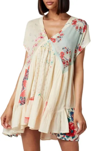 Women Floral Mini Dress Y2k Deep V Neck Puff Sleeve Flowy Short Dress 2025 Summer Boho Beach Vacation Sundress