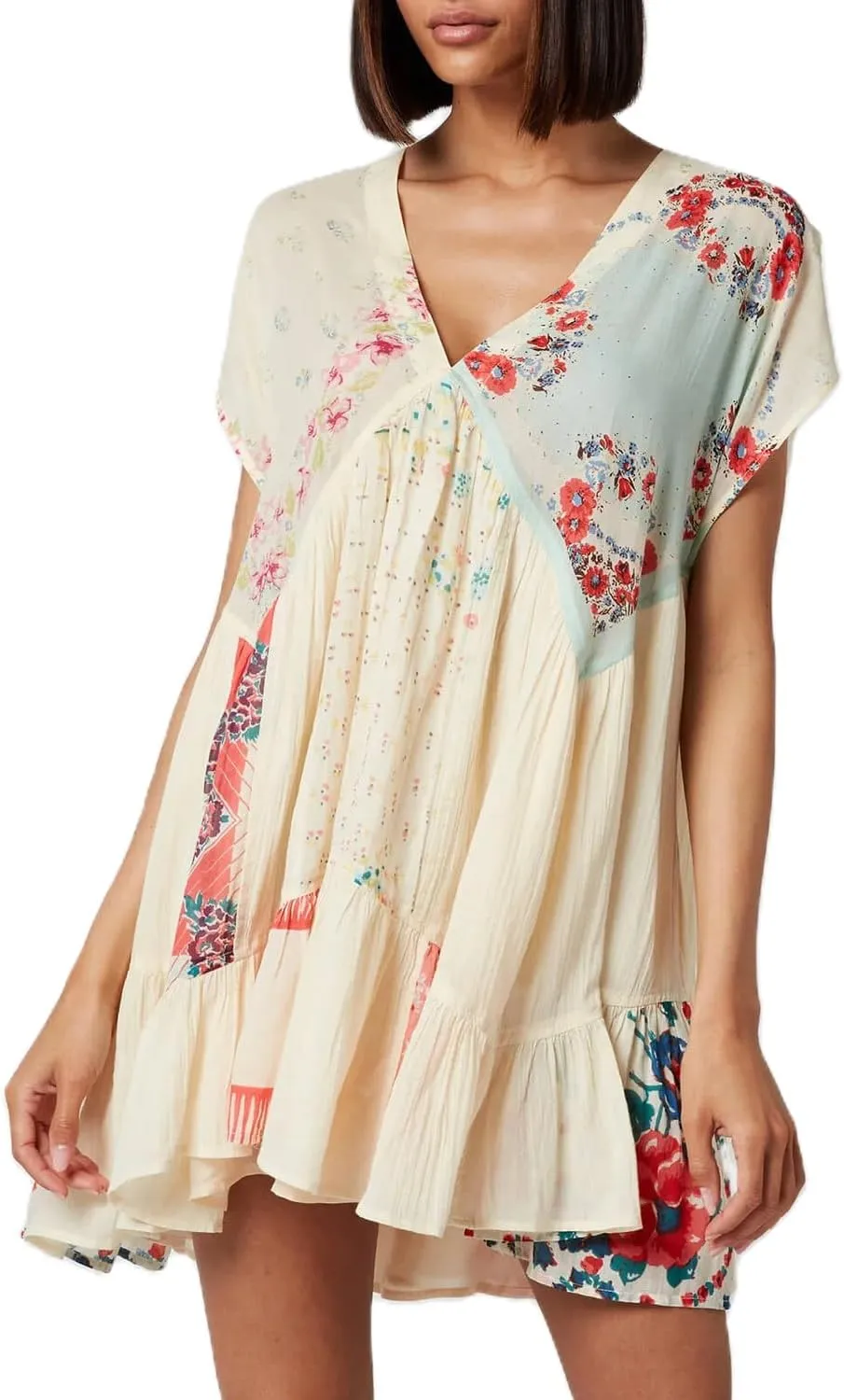 Women Floral Mini Dress Y2k Deep V Neck Puff Sleeve Flowy Short Dress 2025 Summer Boho Beach Vacation Sundress