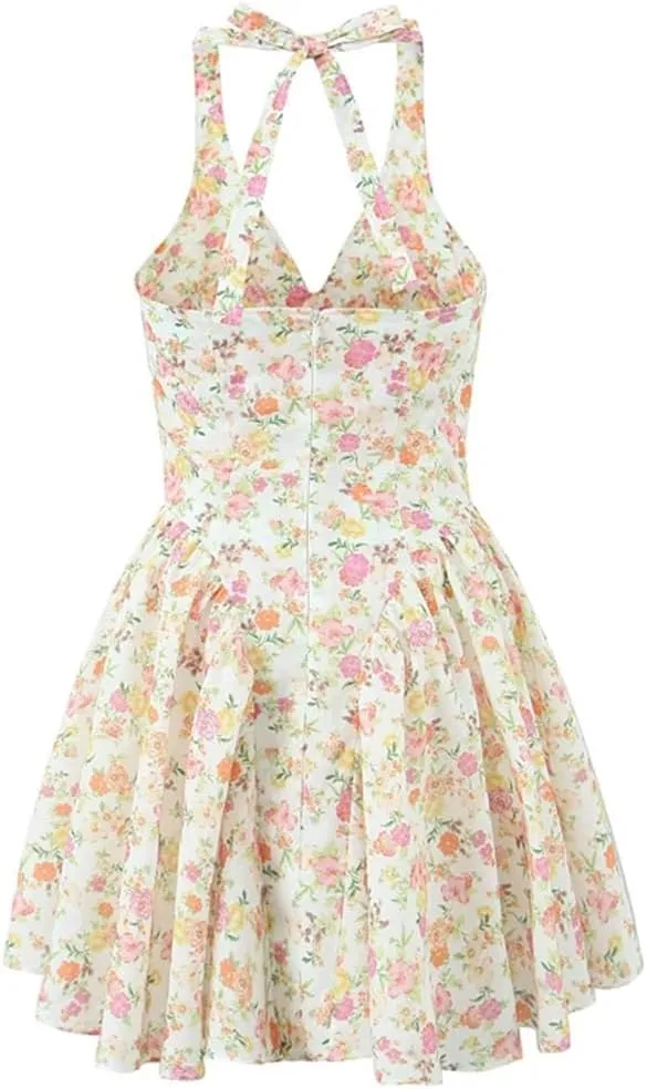Women Floral V-Neck Mini Dress Sleeveless Zipper Tierred Ruffles Casual Dresses