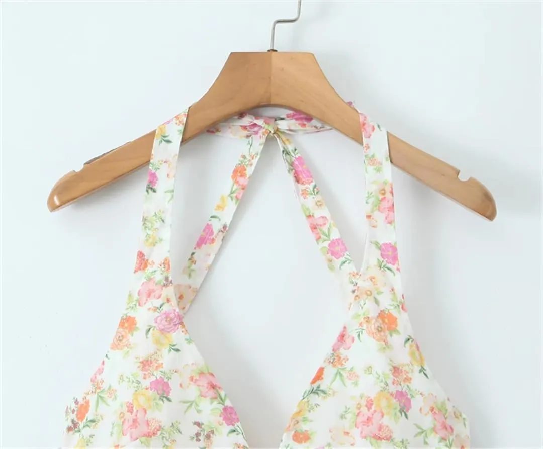 Women Floral V-Neck Mini Dress Sleeveless Zipper Tierred Ruffles Casual Dresses