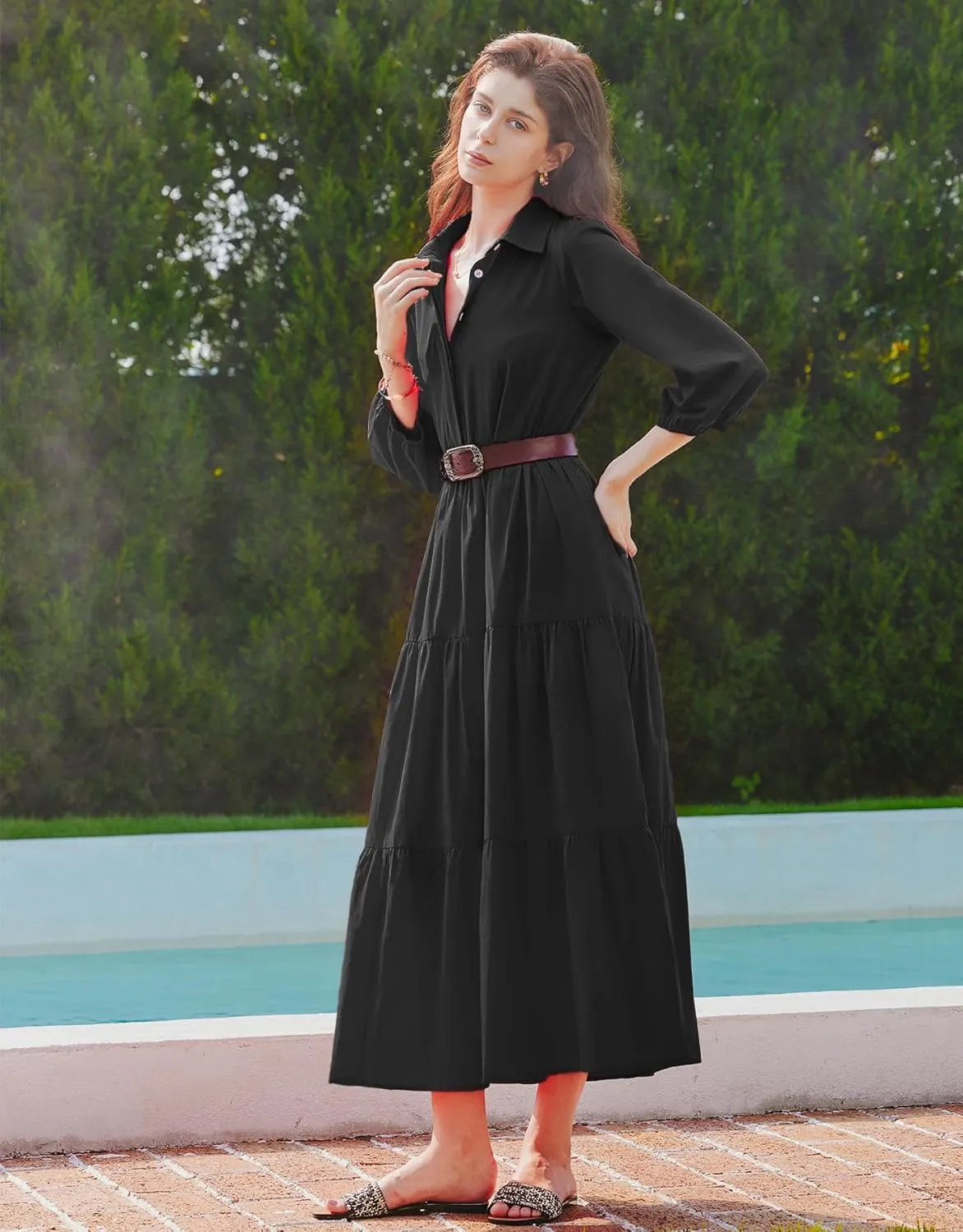 Women Flowy Maxi Shirt Dress Casual Button Down V Neck Ruffled Beach Long Dresses with Pockets