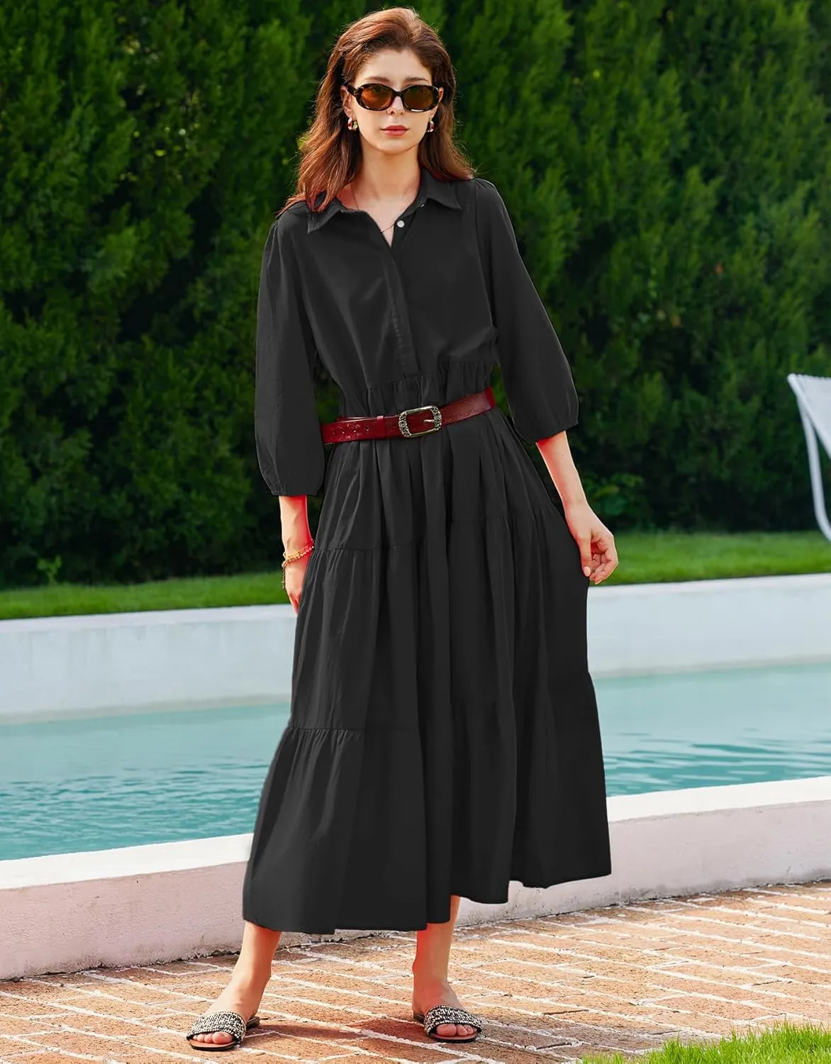 Women Flowy Maxi Shirt Dress Casual Button Down V Neck Ruffled Beach Long Dresses with Pockets