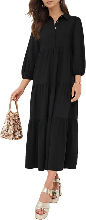 Women Flowy Maxi Shirt Dress Casual Button Down V Neck Ruffled Beach Long Dresses with Pockets