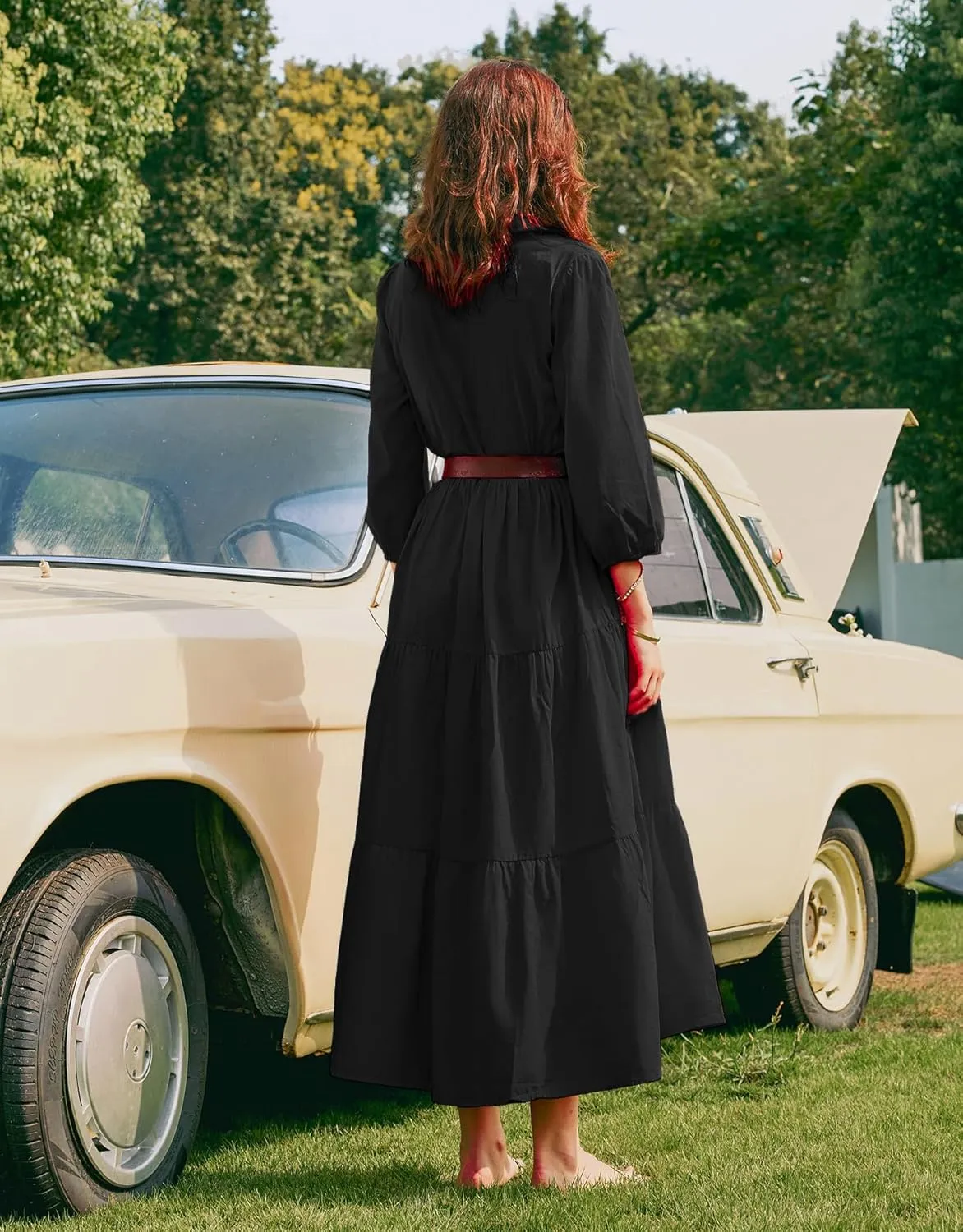 Women Flowy Maxi Shirt Dress Casual Button Down V Neck Ruffled Beach Long Dresses with Pockets