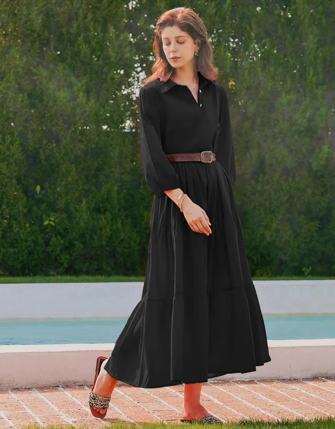 Women Flowy Maxi Shirt Dress Casual Button Down V Neck Ruffled Beach Long Dresses with Pockets