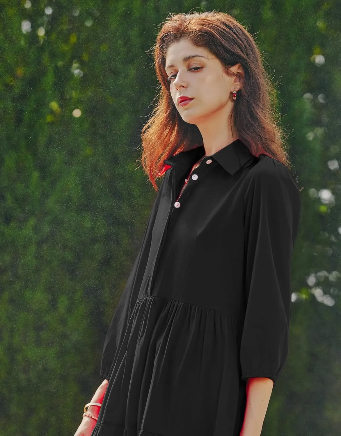 Women Flowy Maxi Shirt Dress Casual Button Down V Neck Ruffled Beach Long Dresses with Pockets