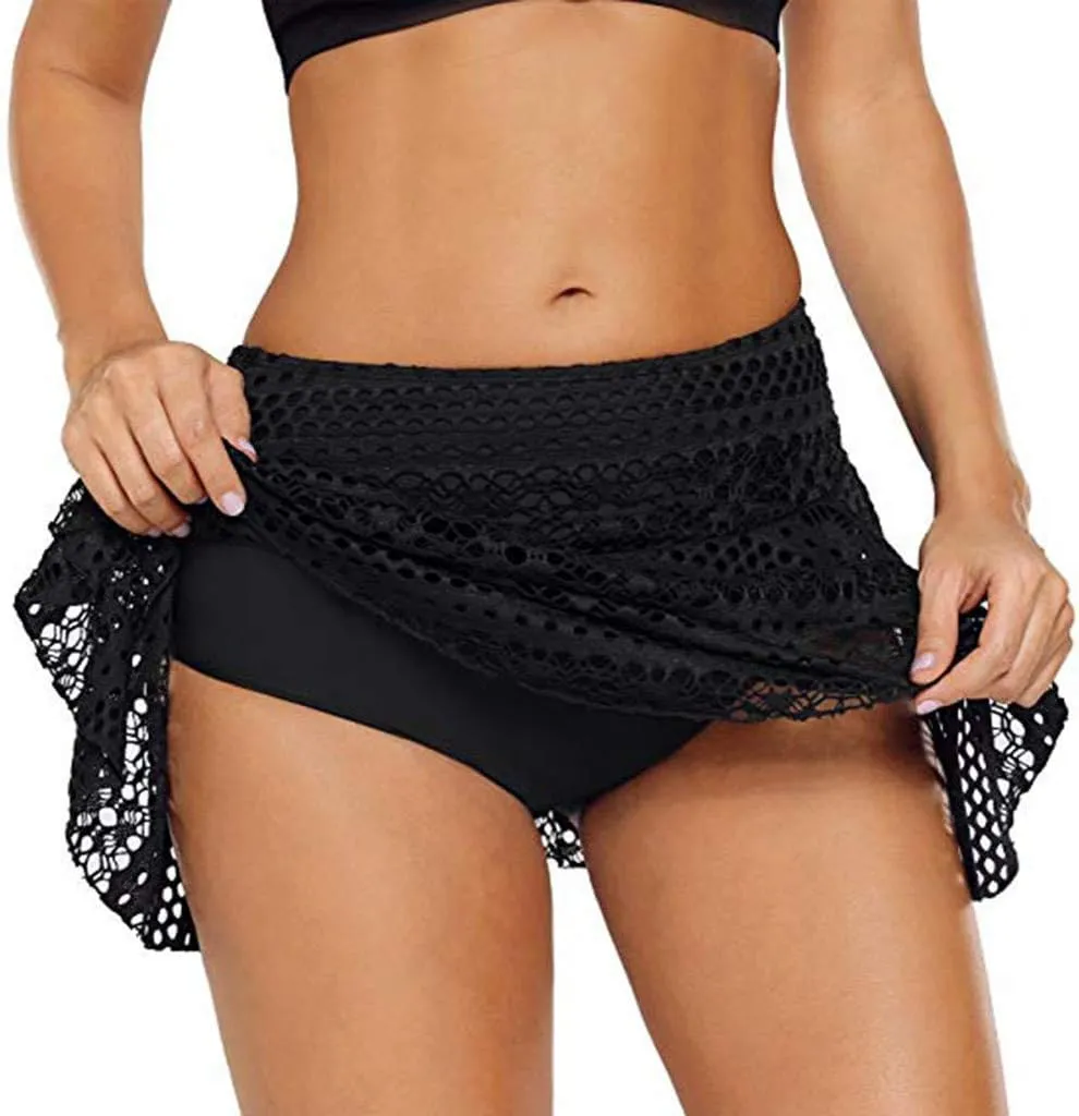 Women Lace Crochet Swim Skirt Bikini Bottom Swimsuit Board Shorts Skort Swimdress Sexy Hollow Mini Skirts